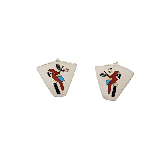 SouthWestArtisans Jewelry - Zuni Handmade Sterling Silver Inlay Parrot Stud Earrings NA Jewelry**